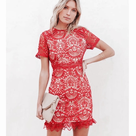 NWOT Lena Crochet Lace Mini Dress with Scalloped Bottom in Red Size XS - Picture 3 of 7